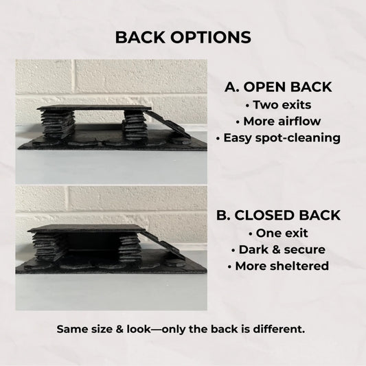 Two black slate reptile hides, one open-backed for airflow and one closed-backed for shelter, shown side by side.