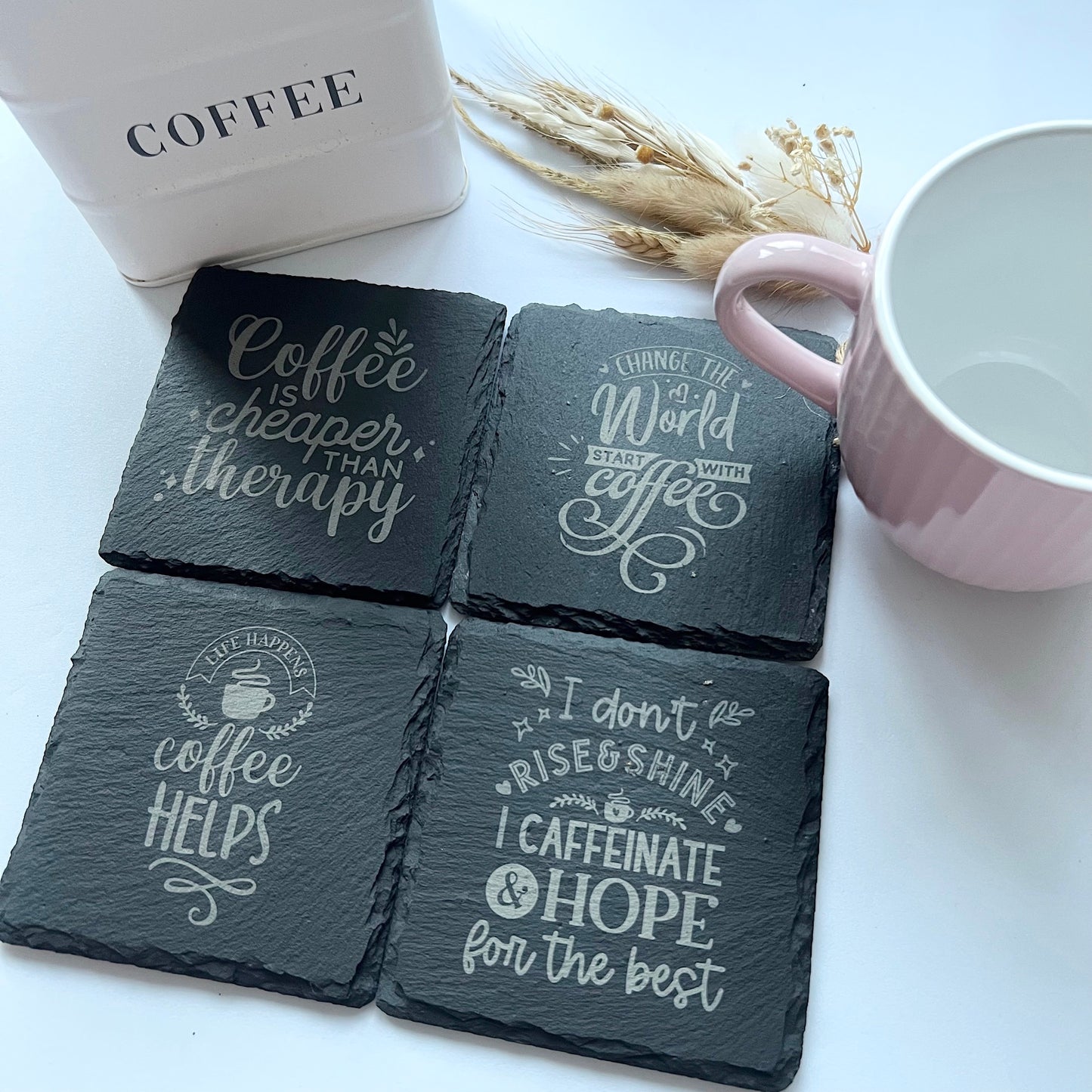 Le café est bon pour l'âme - Sous-verres en ardoise naturelle (lot de 4)