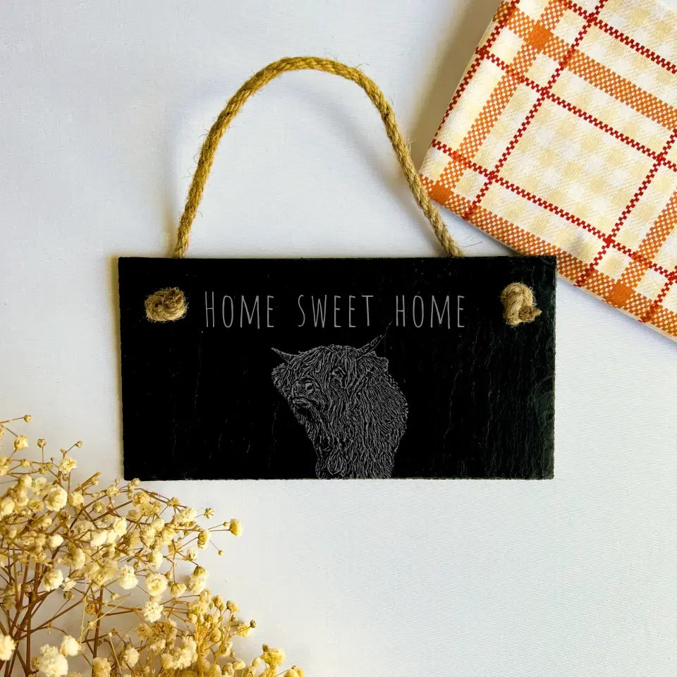 Highland Cow Slate Sign - "Home Sweet Home" Farmhouse Décor