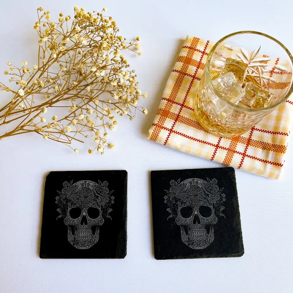 Day of The Dead Floral Skull - Pair of Coasters Slate (Set of 2)