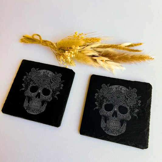 Day of The Dead Floral Skull - Pair of Coasters Slate (Set of 2)