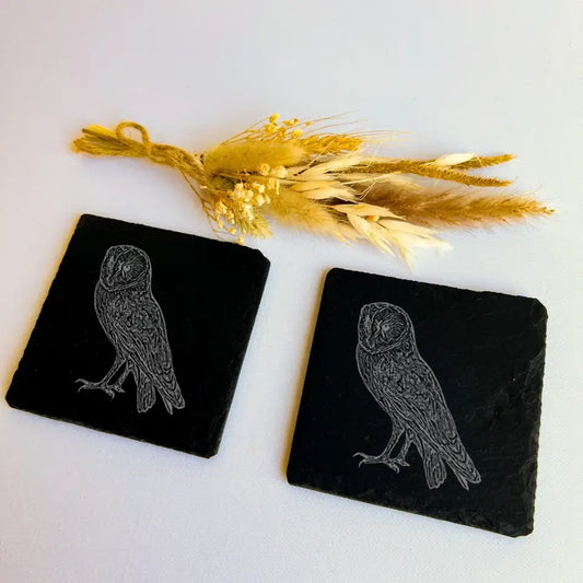 Barn Owl Slate Coasters - Birdwatcher Kitchenware Gift (Set of 2)