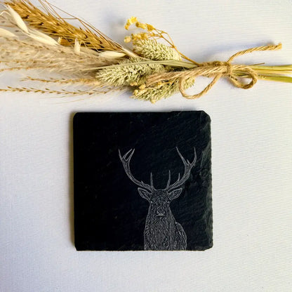 Deer Stag Slate Coasters (Set of 2) - Engraved Tableware for Country Homes