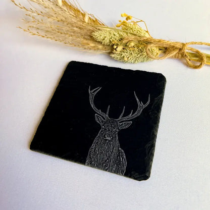 Deer Stag Slate Coasters (Set of 2) - Engraved Tableware for Country Homes