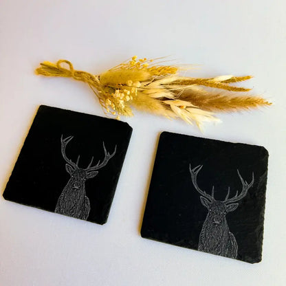 Deer Stag Slate Coasters (Set of 2) - Engraved Tableware for Country Homes