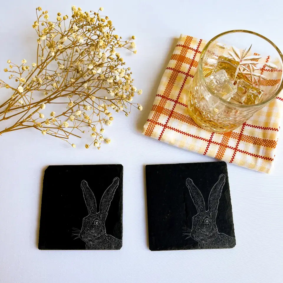 Hare Slate Coasters Set of 2 - Woodland Homeware & Eco Gift