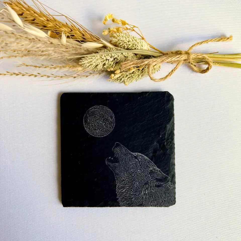 Howling Wolf - Slate Coasters Engraved (Set of 2)