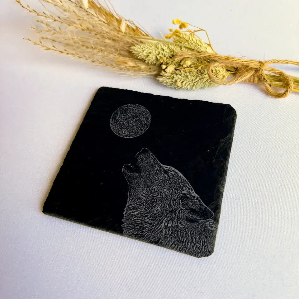 Howling Wolf - Slate Coasters Engraved (Set of 2)