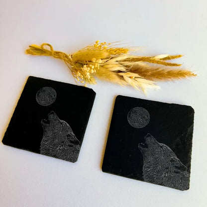 Howling Wolf - Slate Coasters Engraved (Set of 2)