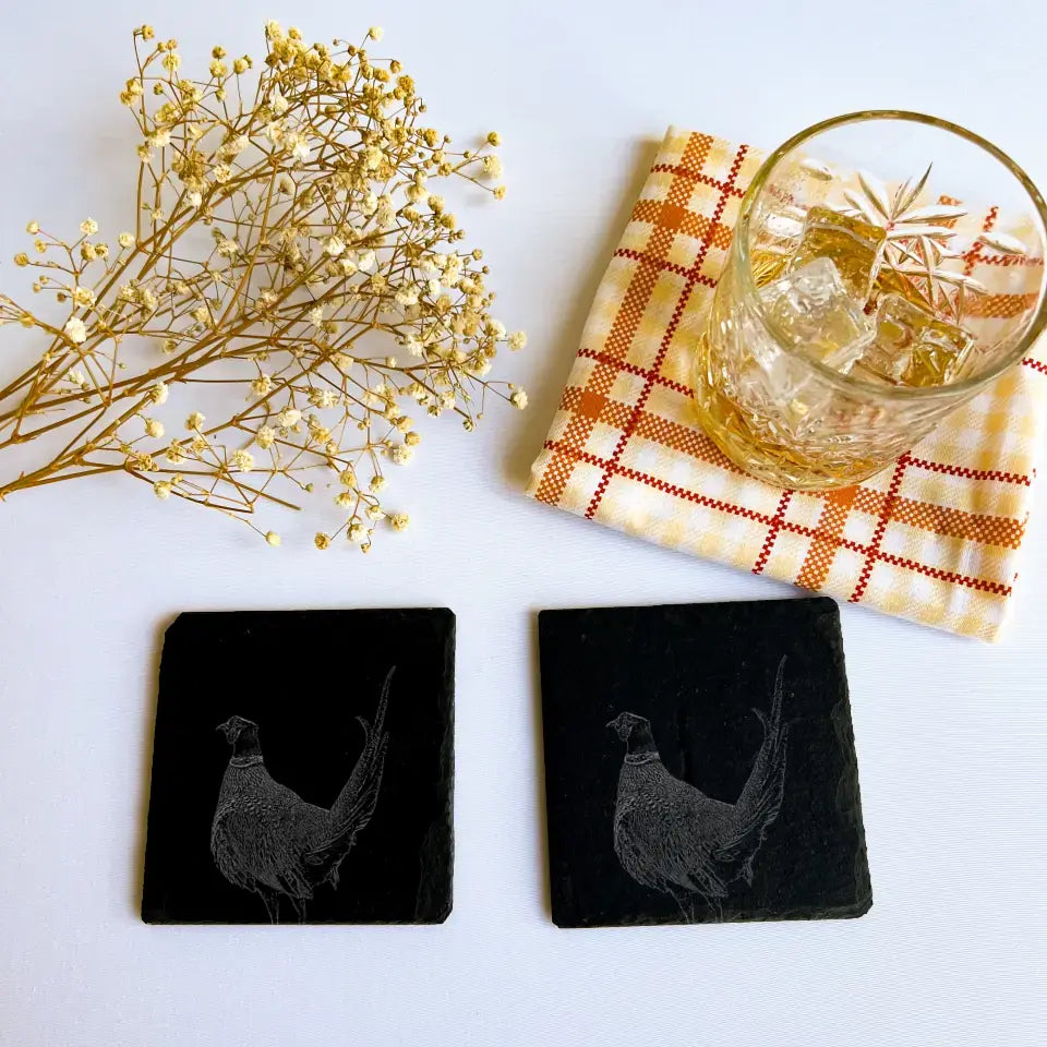 Pheasant Slate Coasters Set of 2 - Rustic Forest Tableware