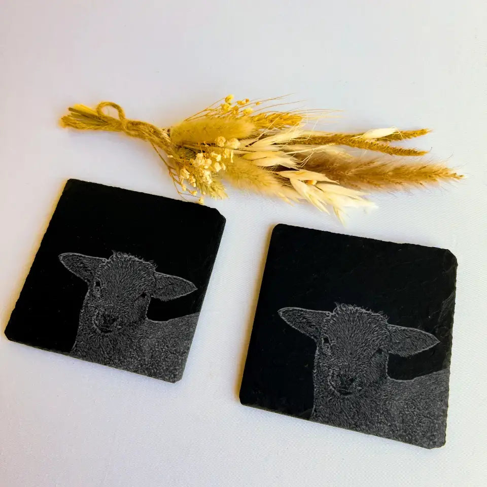 Lamb Sheep Slate Coasters - Kitchenware for Farmhouse Kitchen (Set of 2)