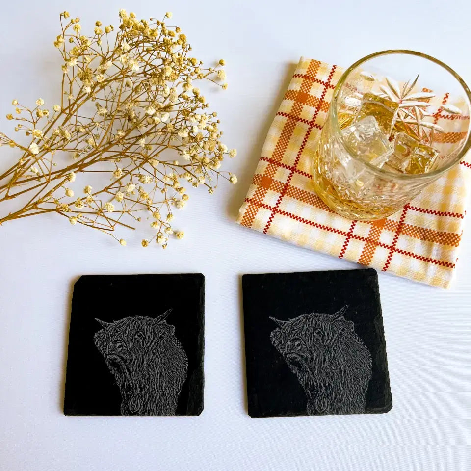 Highland Cow Slate Coasters - Farm Kitchenware Gift (Set of 2)