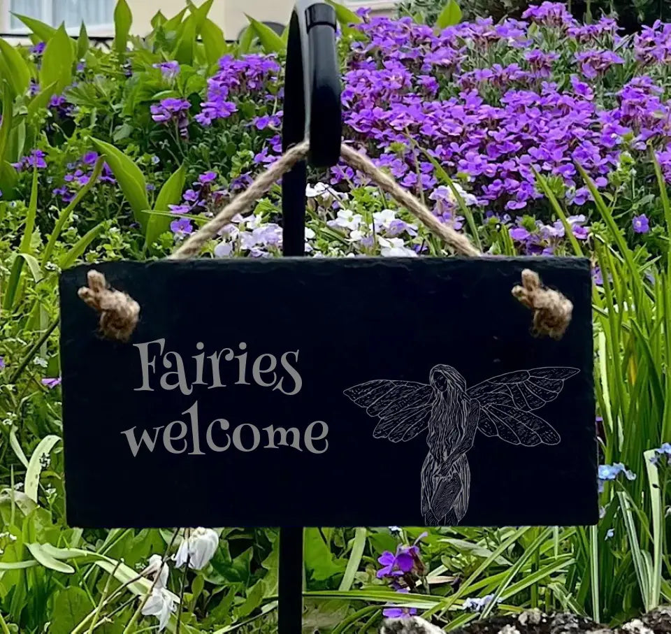 "Fairies welcome" Fairy Garden Sign - Mystical Slate