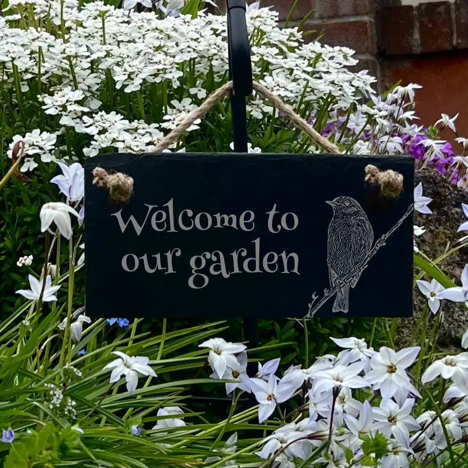 Welcome to Our Garden Robin Sign - Slate Garden Ornament