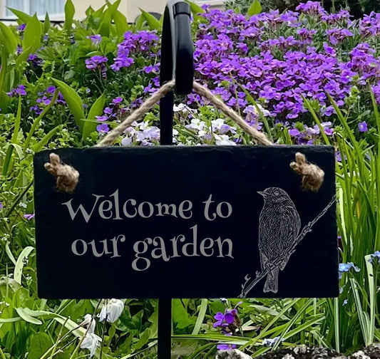 Welcome to Our Garden Robin Sign - Slate Garden Ornament