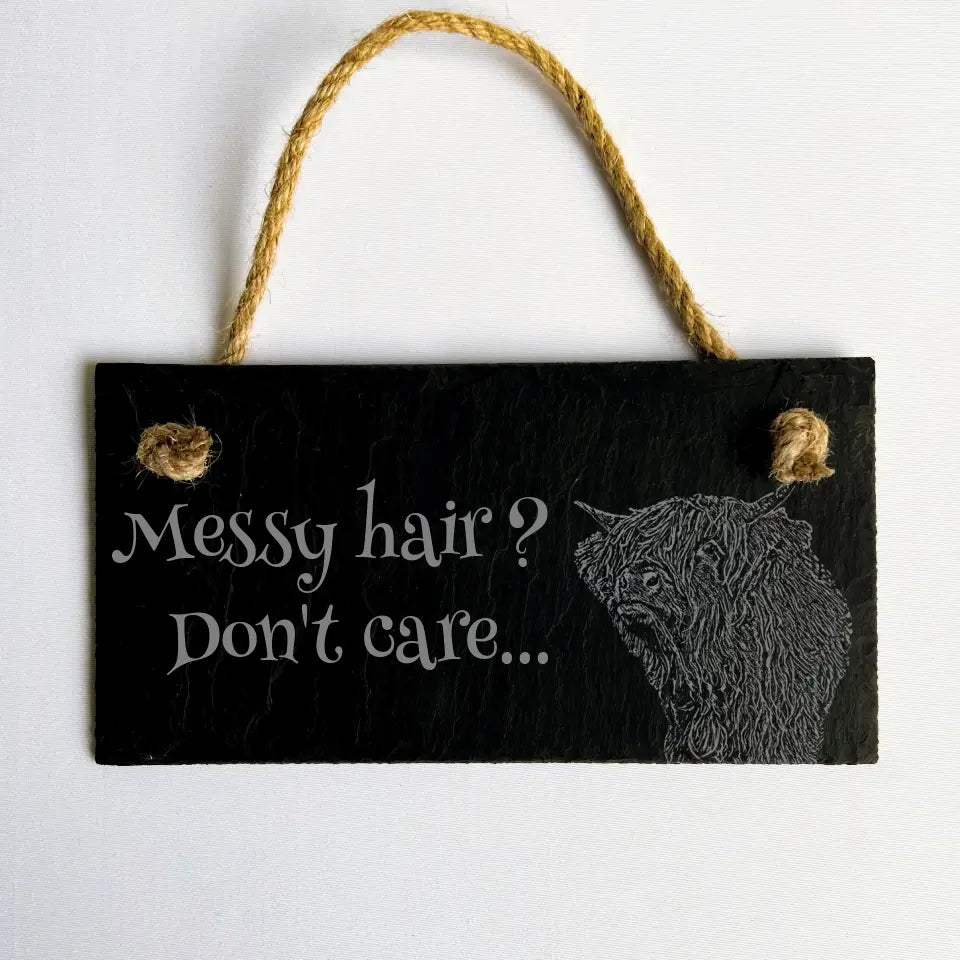 Highland Cow Slate Sign - "Messy Hair, Don't Care" Farmhouse Décor