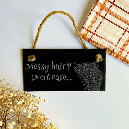 Highland Cow Slate Sign - "Messy Hair, Don't Care" Farmhouse Décor