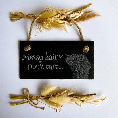 Highland Cow Slate Sign - "Messy Hair, Don't Care" Farmhouse Décor