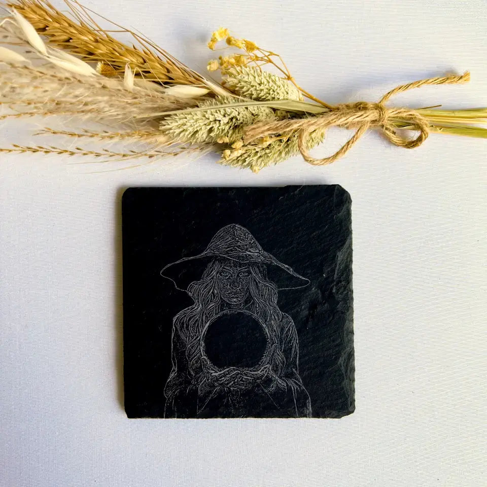 Witch Sketch Homeware - Pair of Handmade Coasters Slate (Set of 2)