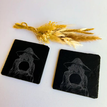 Witch Sketch Homeware - Pair of Handmade Coasters Slate (Set of 2)