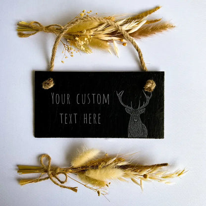 Personalised Stag Slate House Sign - Custom Nameplate Country Living Gift