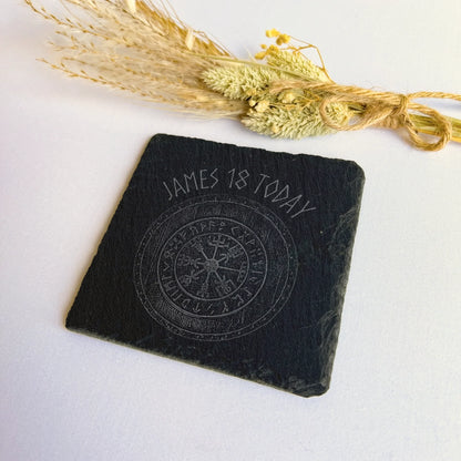compass gift for him Square black slate coaster on a white surface with dried grasses, natural hand-cut edges, 10 cm square (4 in).