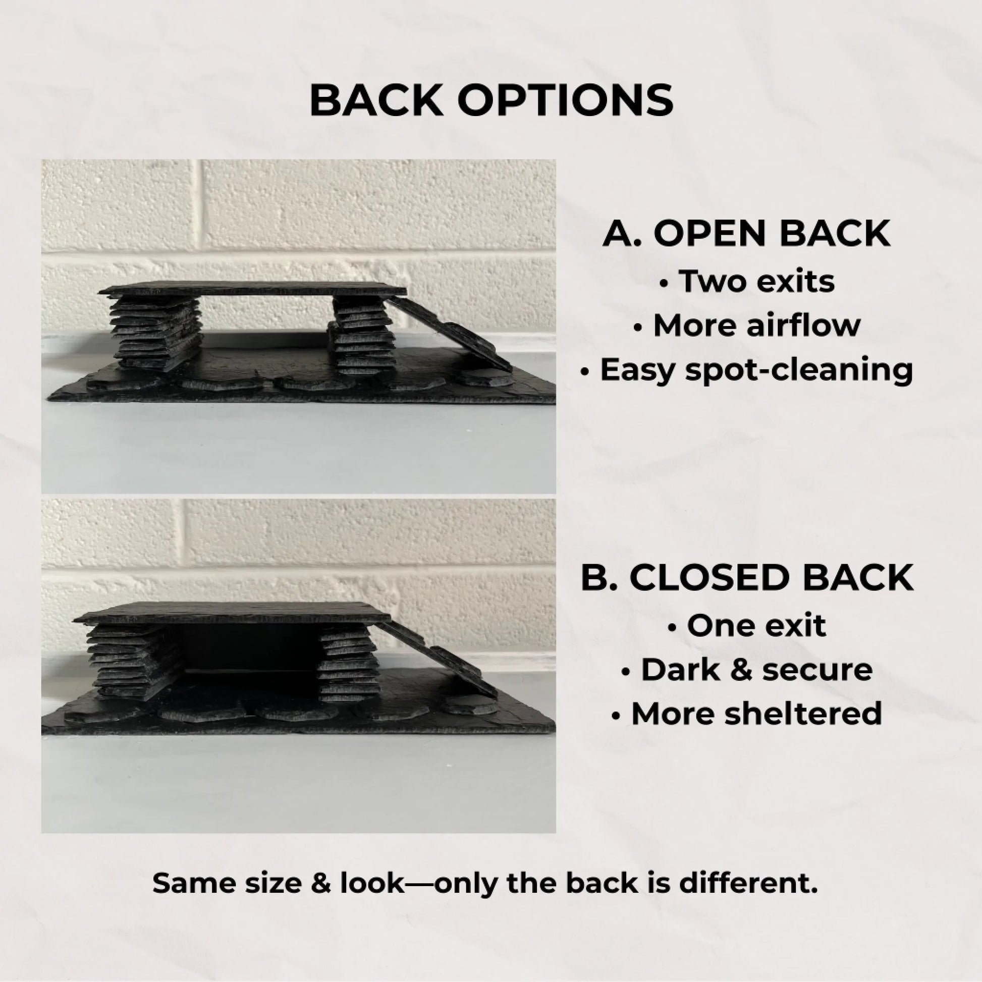 Two black slate reptile hides, one open-backed for airflow and one closed-backed for shelter, shown side by side.