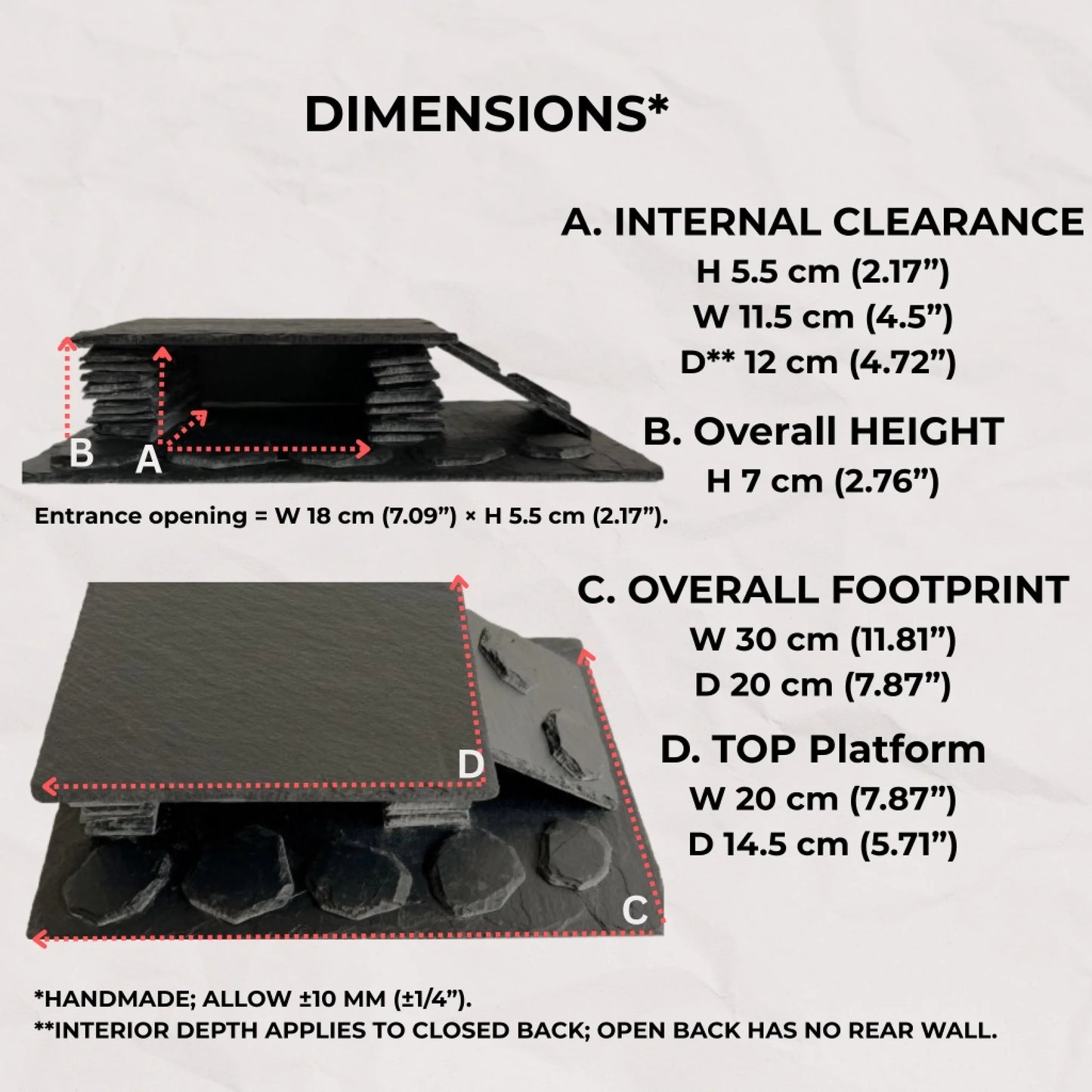 Black slate reptile hide with ramp shown from side and top angles with labelled dimensions.