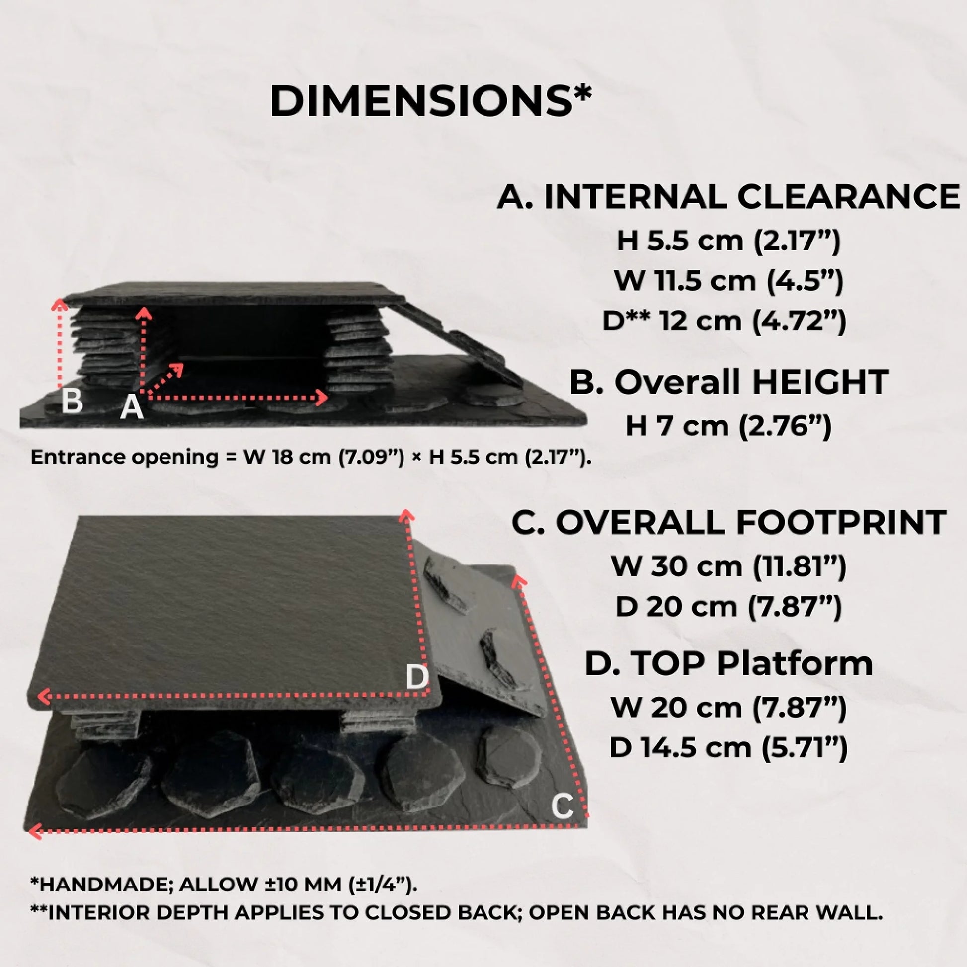 Black slate reptile hide with ramp shown from side and top angles with labelled dimensions.