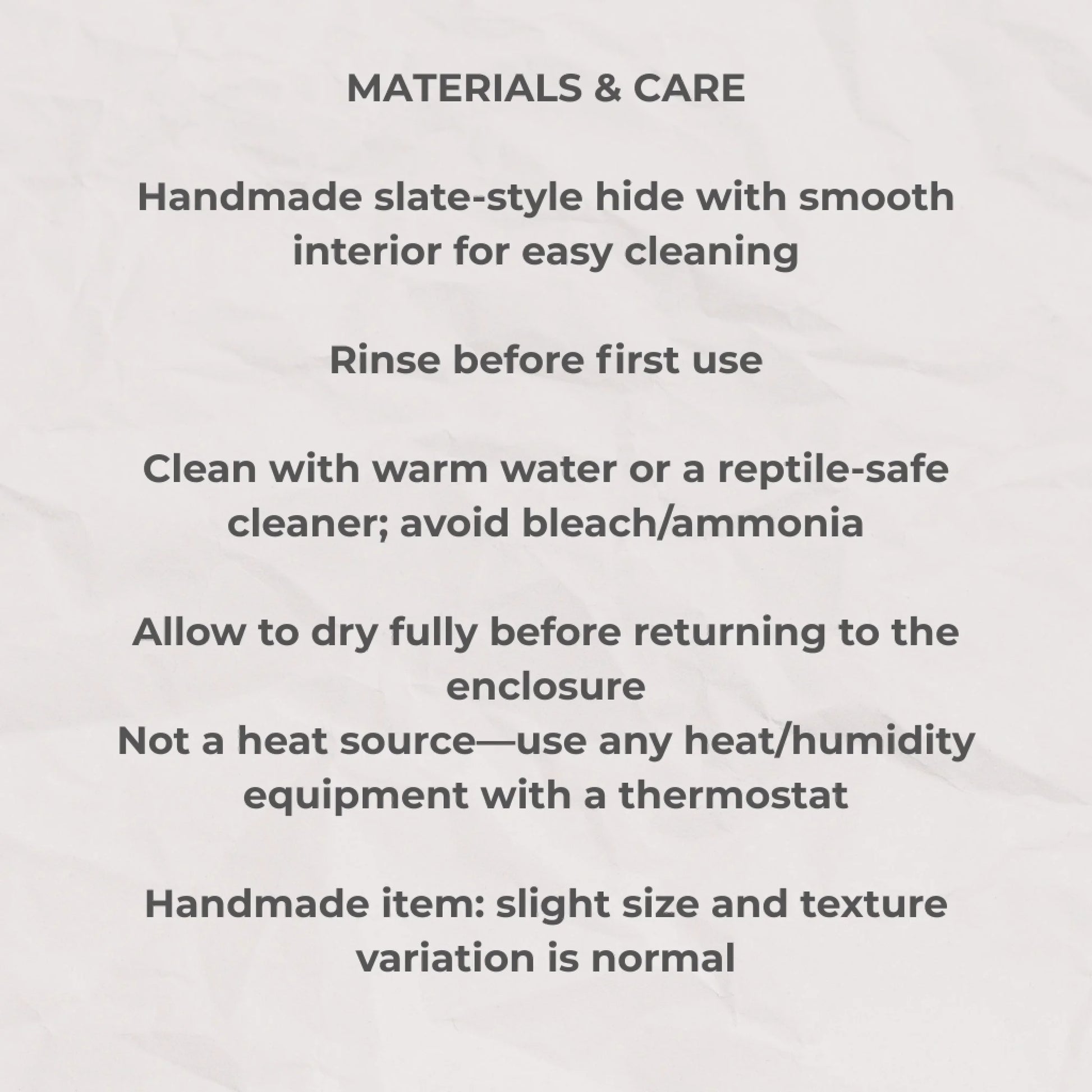 Care guide for handmade slate reptile hide with cleaning and safety instructions in neat black text.